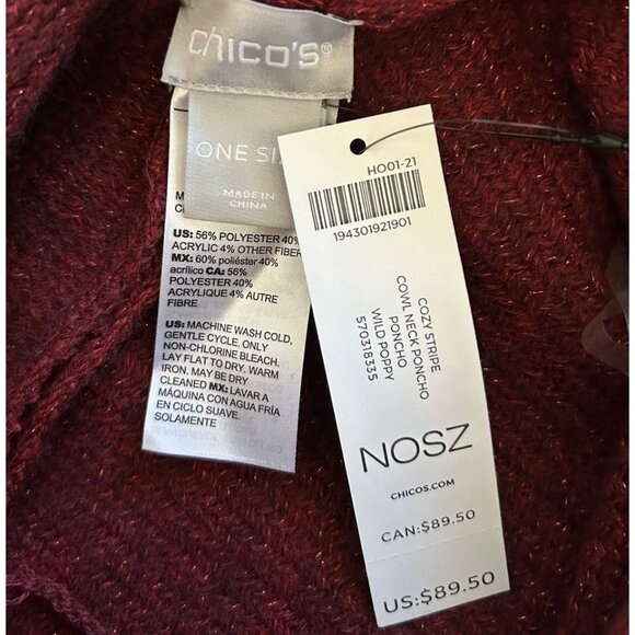 Chico’s Wild Poppy Cowl Neck Fringe Poncho Women's One Size Red Holiday Festive - Picture 8 of 9